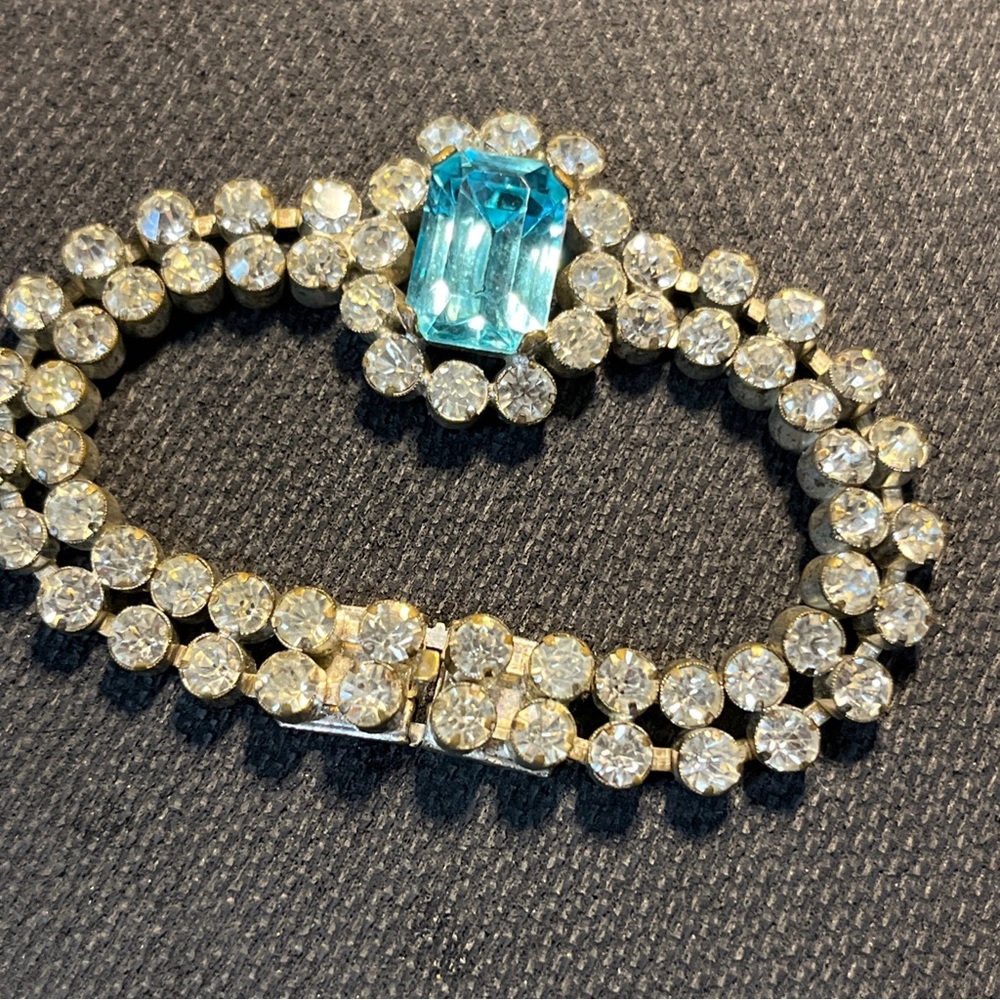 ANTIQUE VINTAGE BRACELET CZECHOSLOVAKIA 1930s CLEAR RHINESTONES &AQUAMARINE BLUE